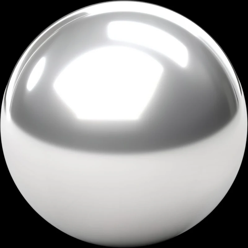 A highly polished silver sphere with hard white reflections against black.